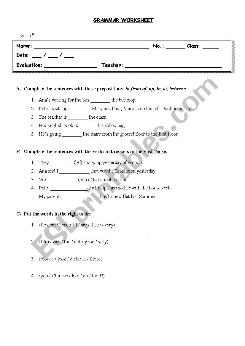 Prepositions of Place worksheet