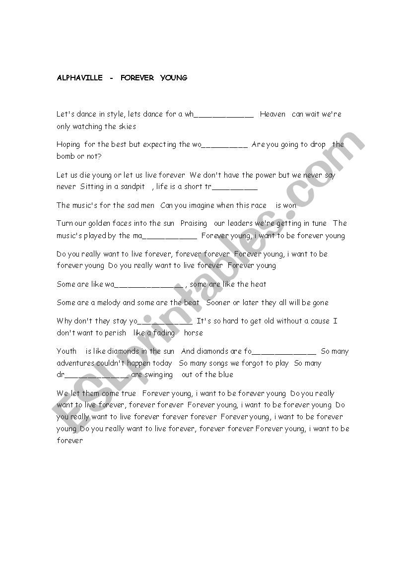 forever young - alphaville worksheet