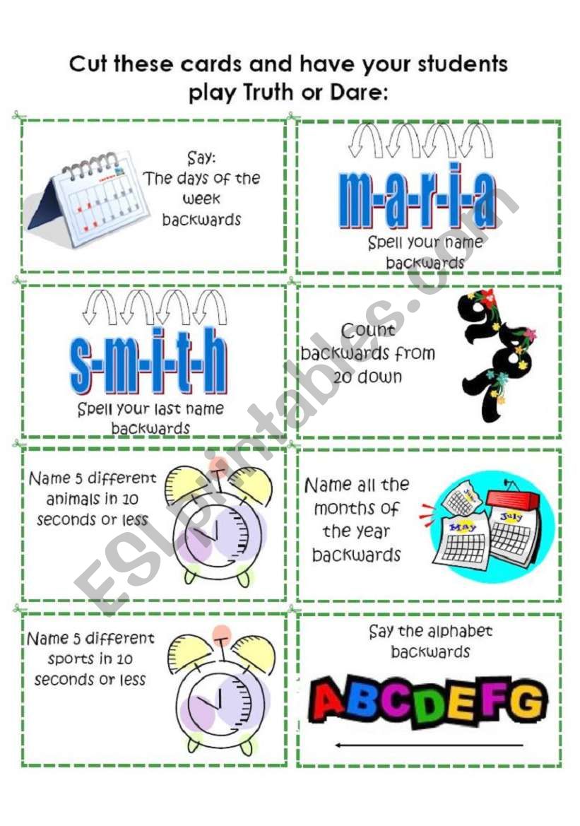 Truth or Dare: Dare Cards 4 worksheet