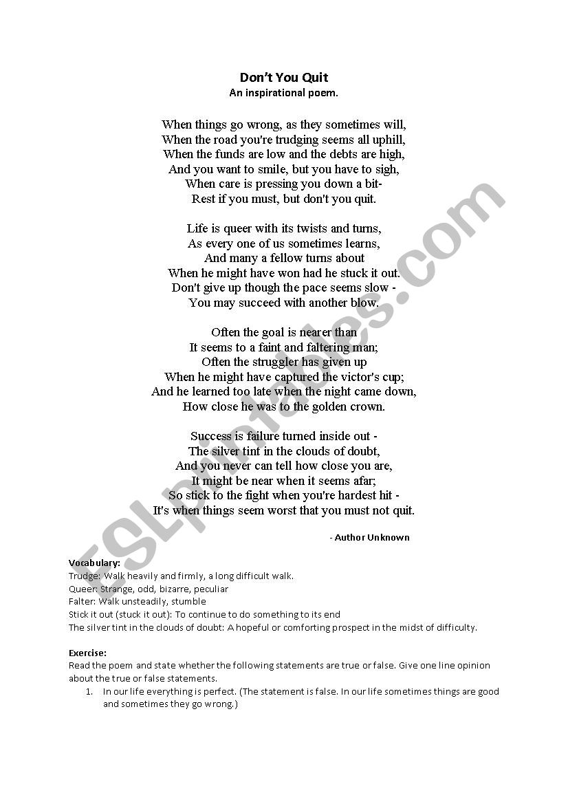 Don´t You Quit - ESL worksheet by jeegar