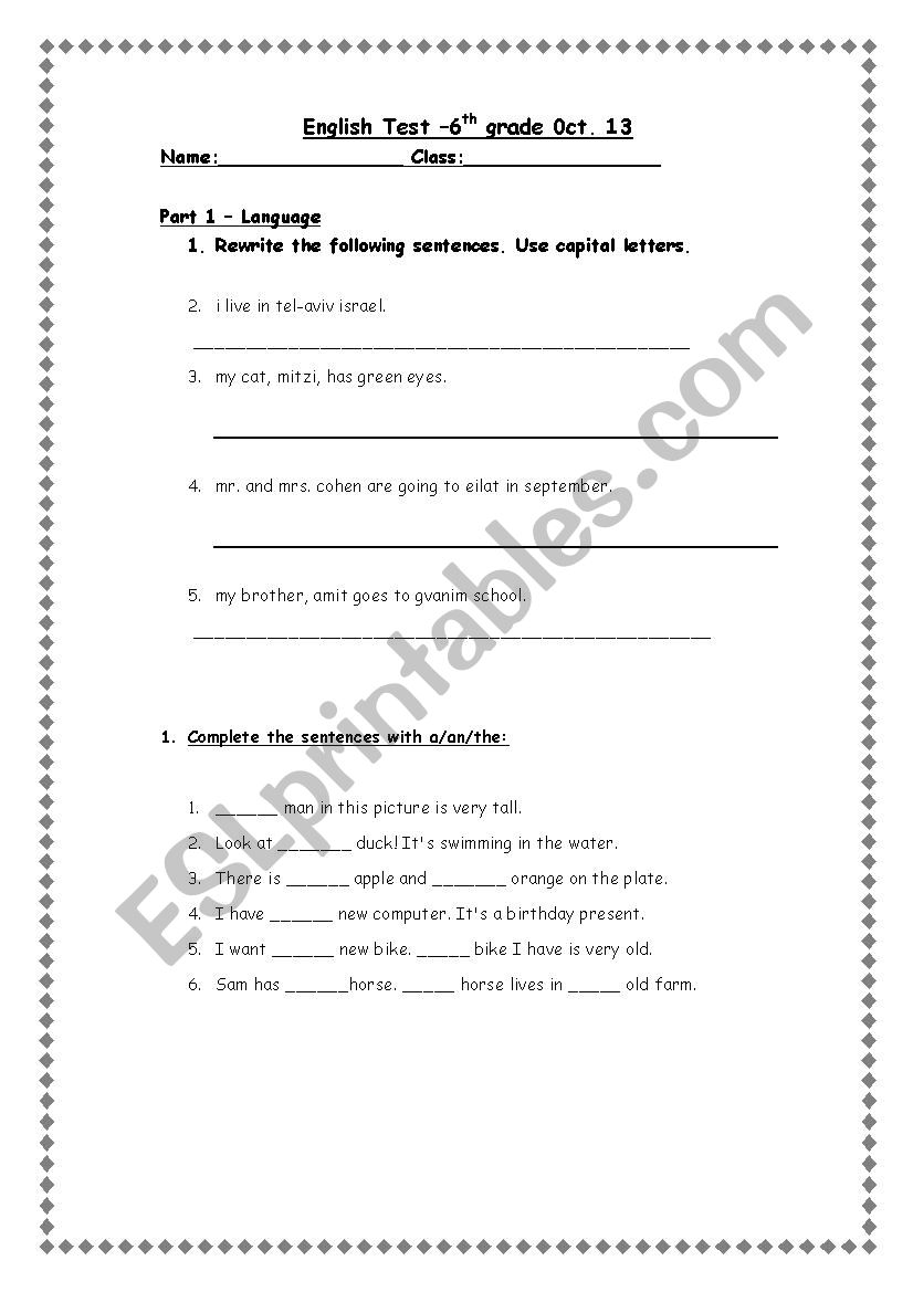 test for 6th grade worksheet