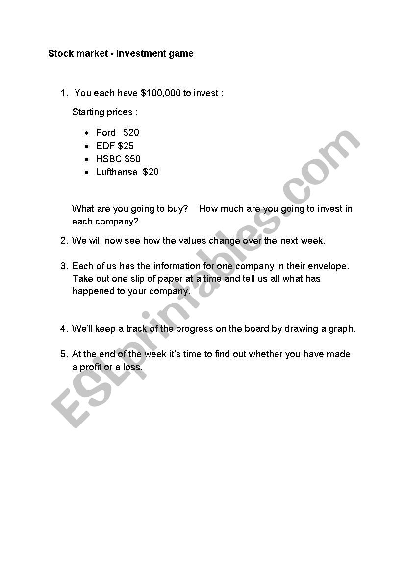 Stock market investment game worksheet