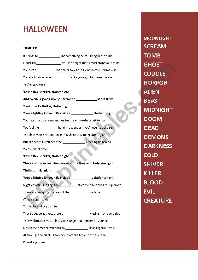 Halloween worksheet based on the song Thriller