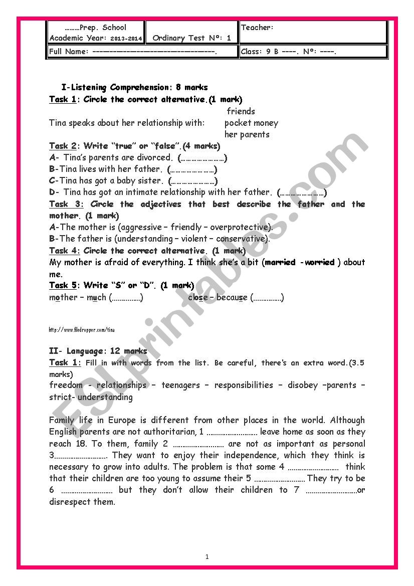 9th form mid term test 1 worksheet