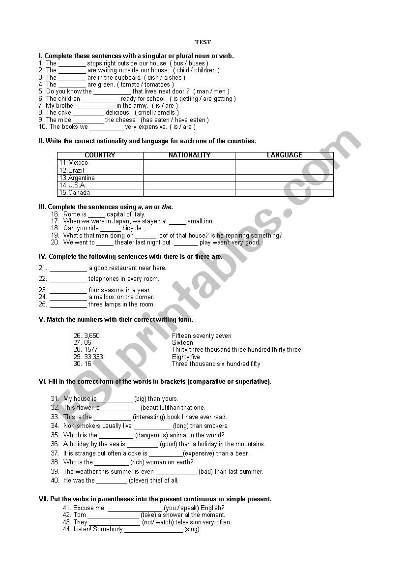 Basic test worksheet