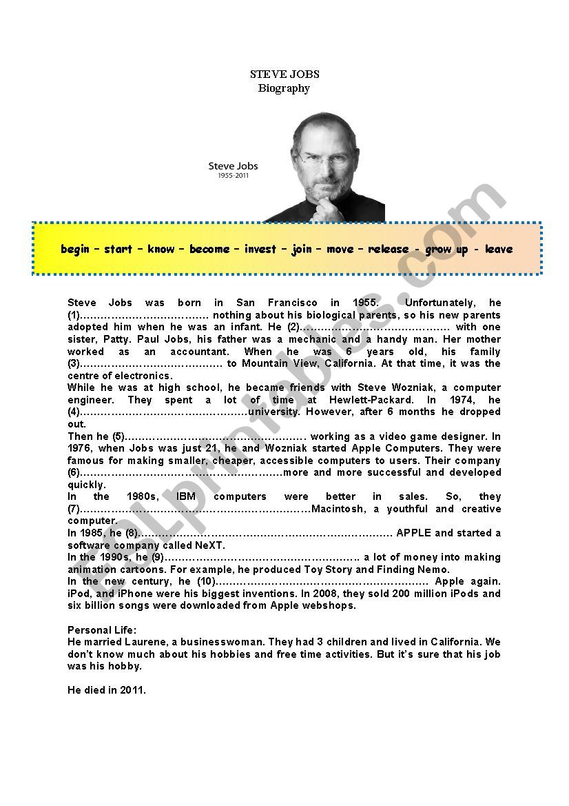 Steve Jobs (Gapped Biography) worksheet