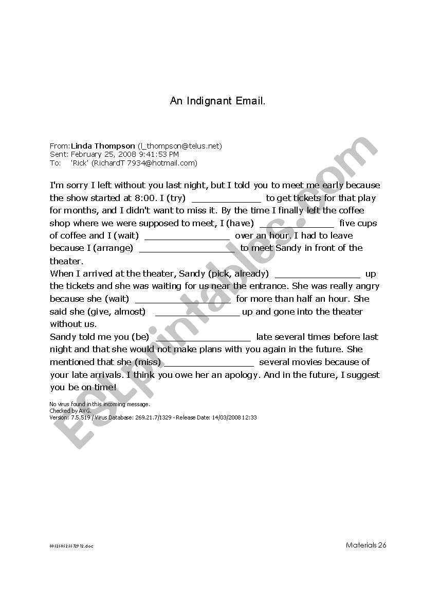 Indignant Email Cloze worksheet