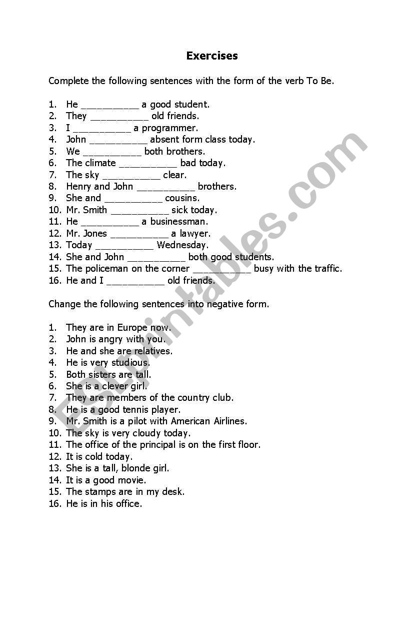 the  Verb To Be worksheet