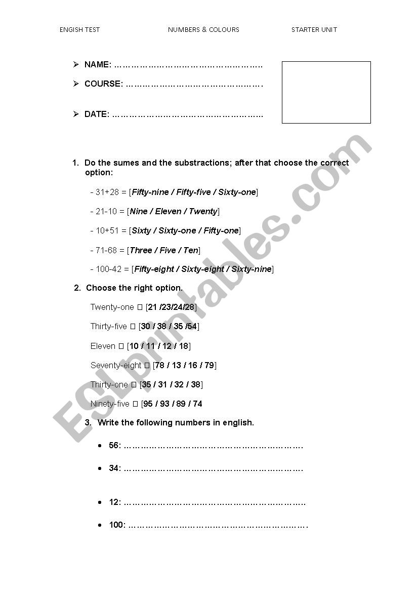 Starter unit Test worksheet