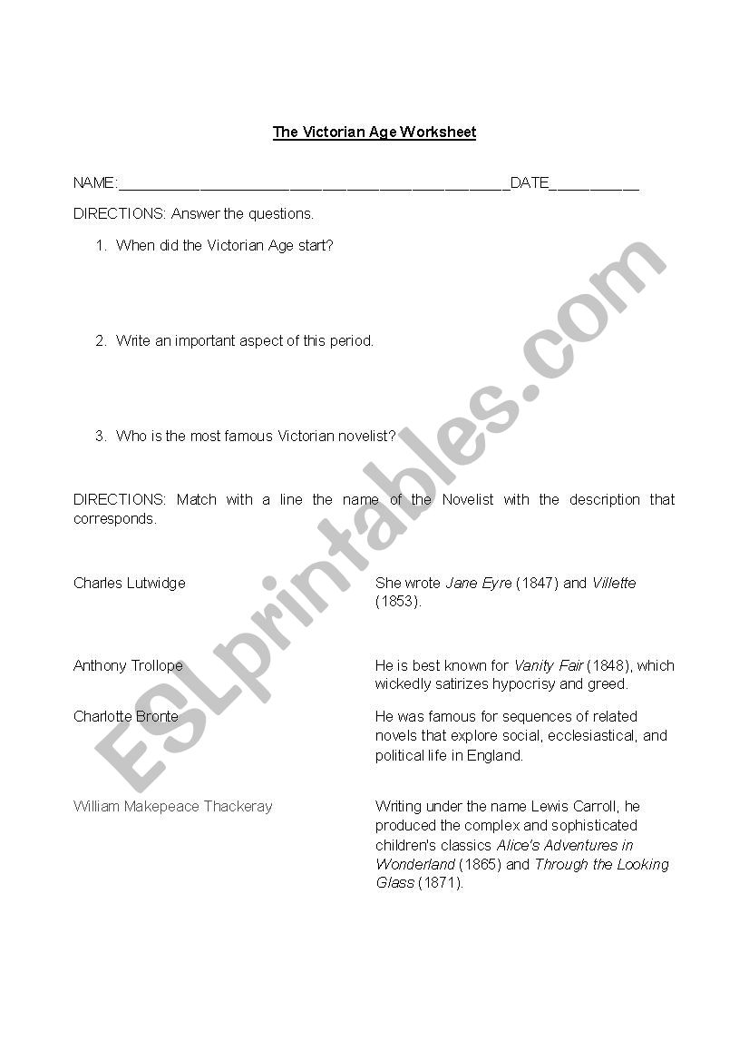 The Victorian Age Worksheet worksheet