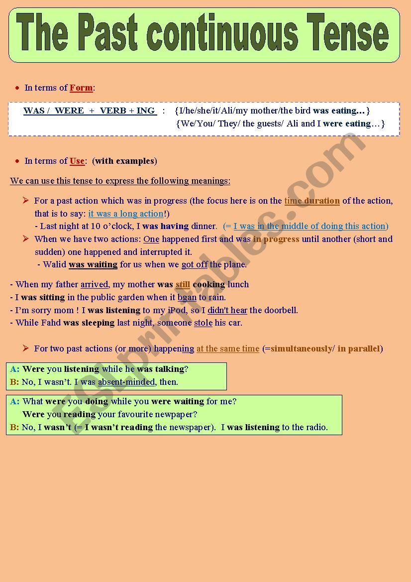 The Past continuous Tense: Form + Uses + Practice + Answer key