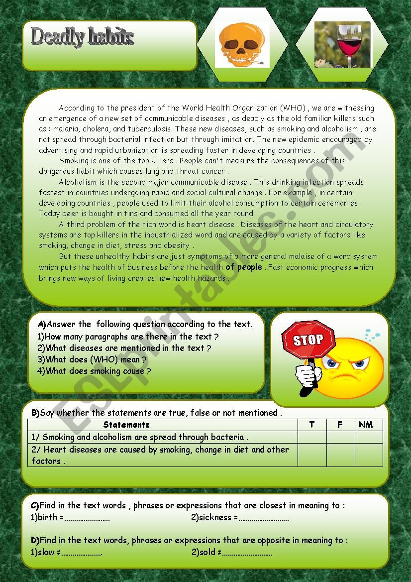 deadly habits worksheet