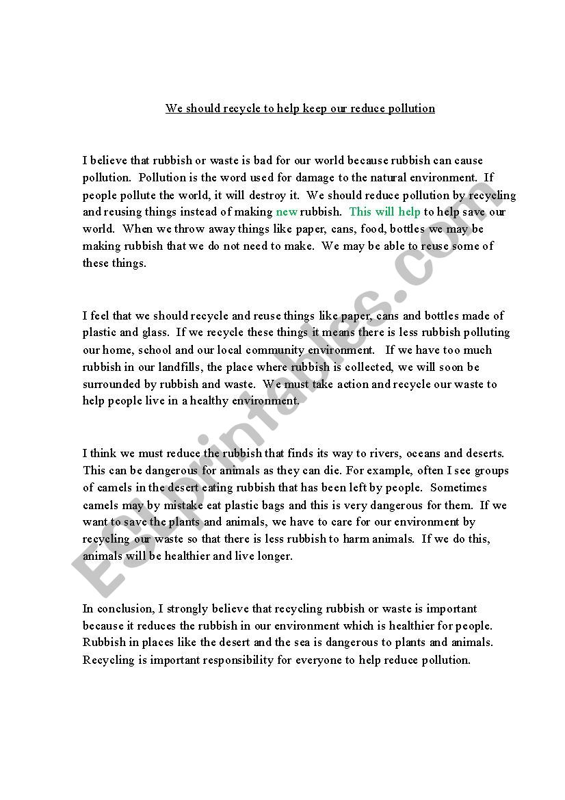 Recycle to reduce pollution worksheet