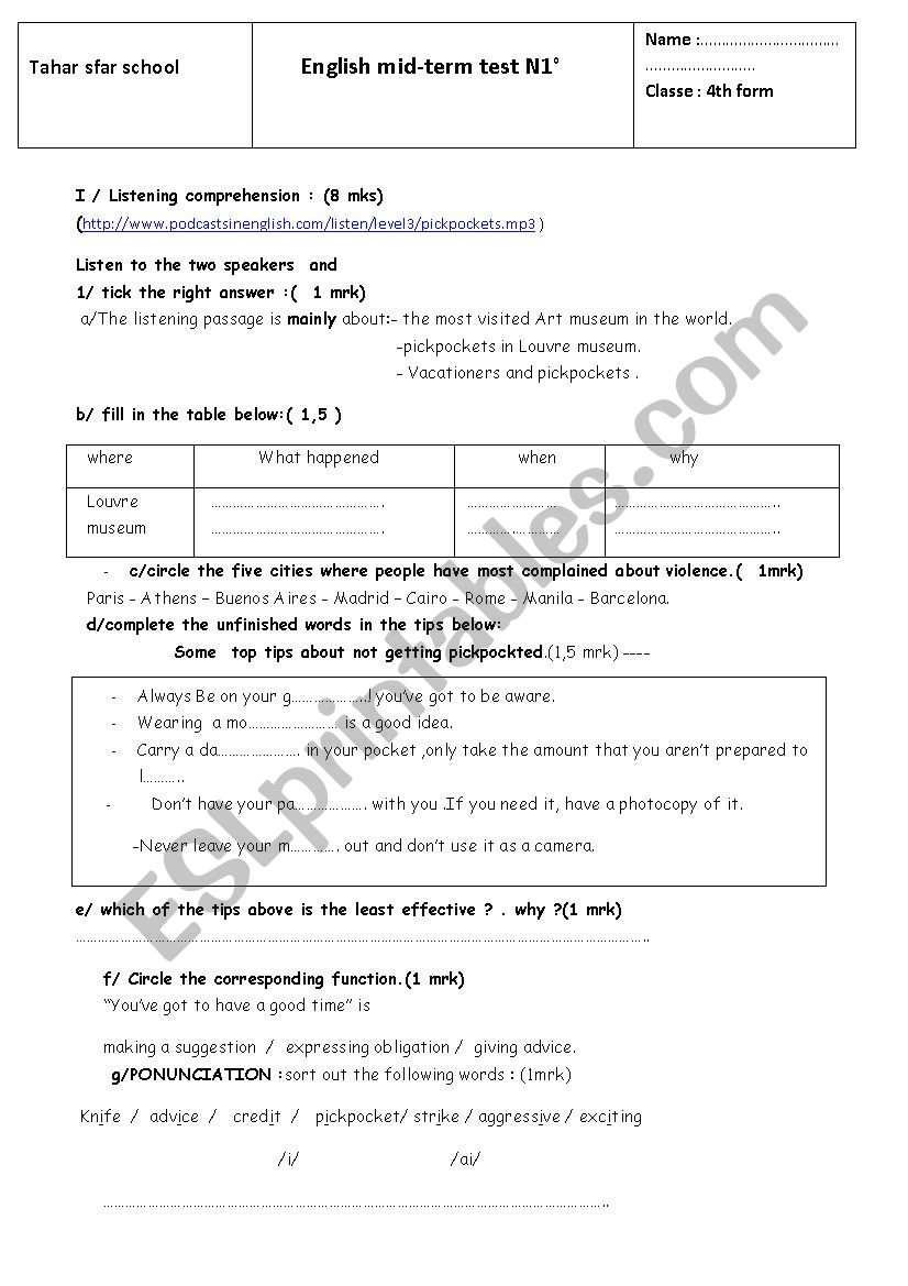 Mid-term test 1/4th form worksheet