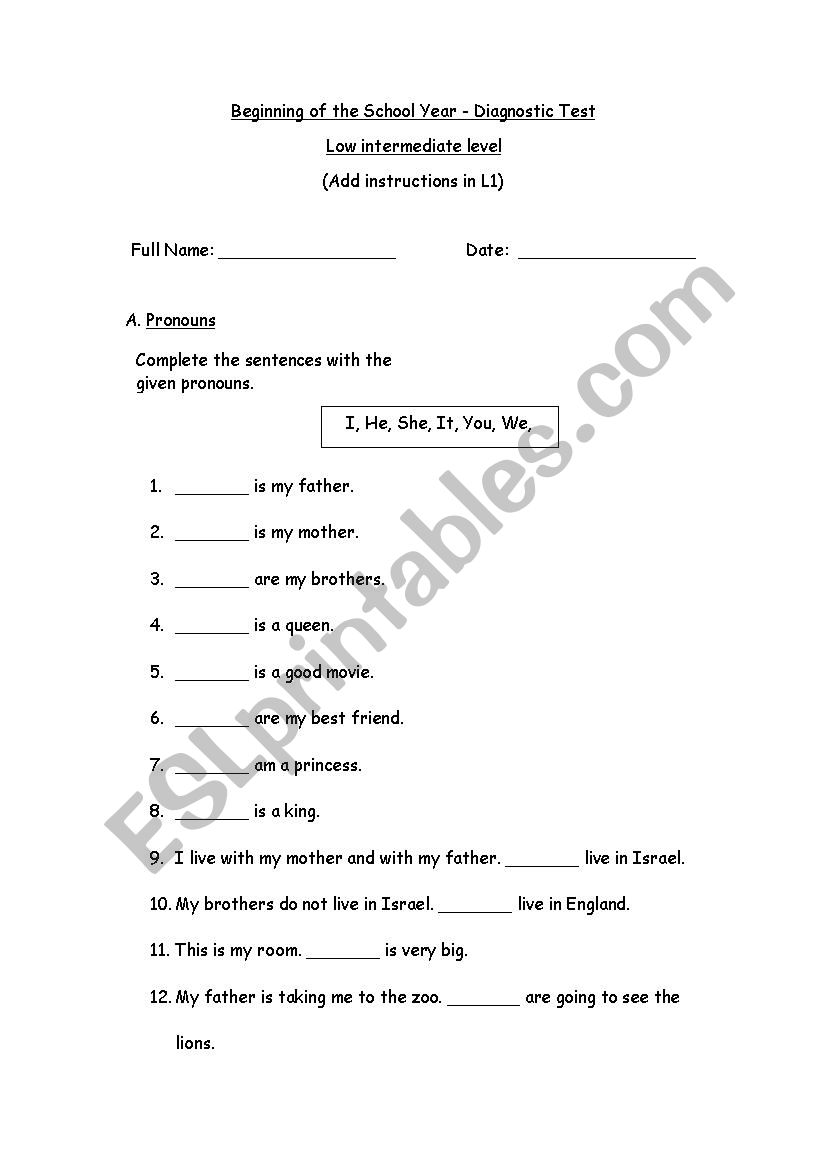 Diagnostic Test - Low Intermediate  Level