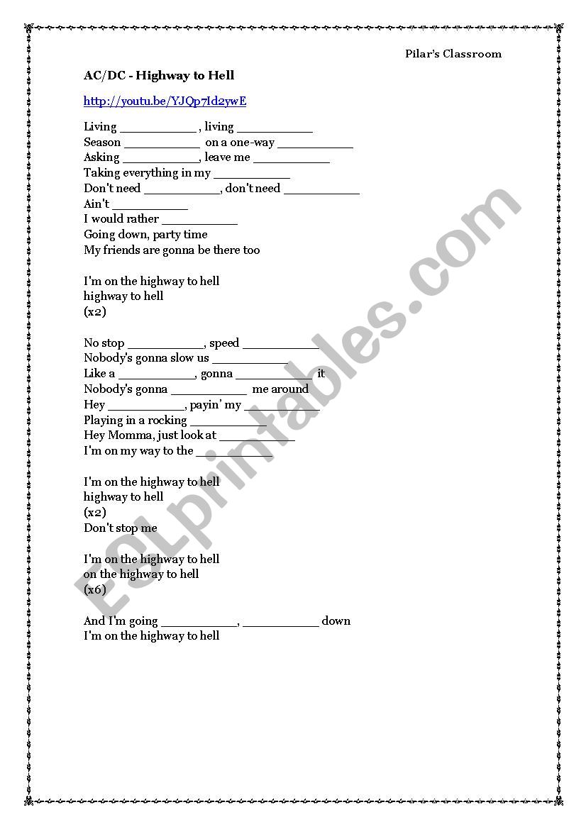 Highway to Hell - AC/DC worksheet