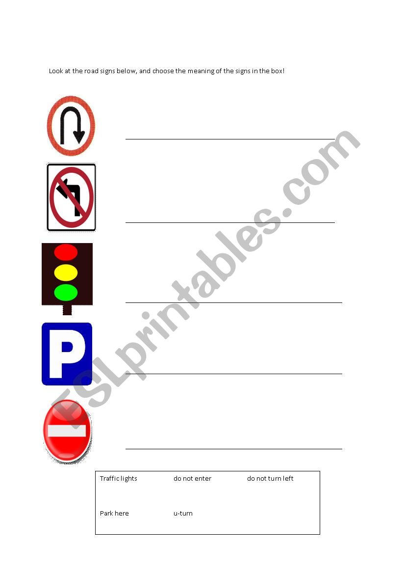 road signs worksheet