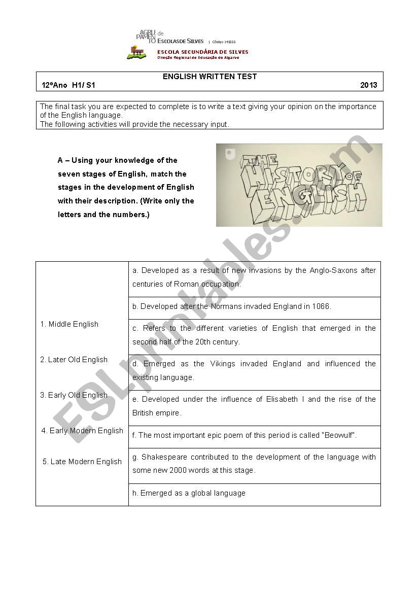 The history of English worksheet