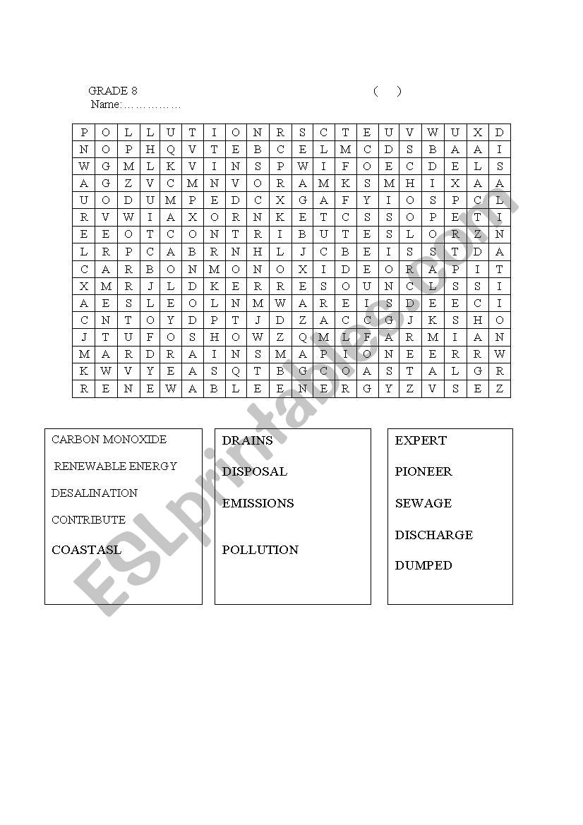 Pollution Wordsearch worksheet