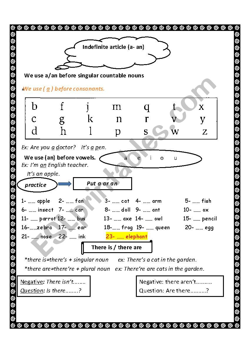 a -an worksheet