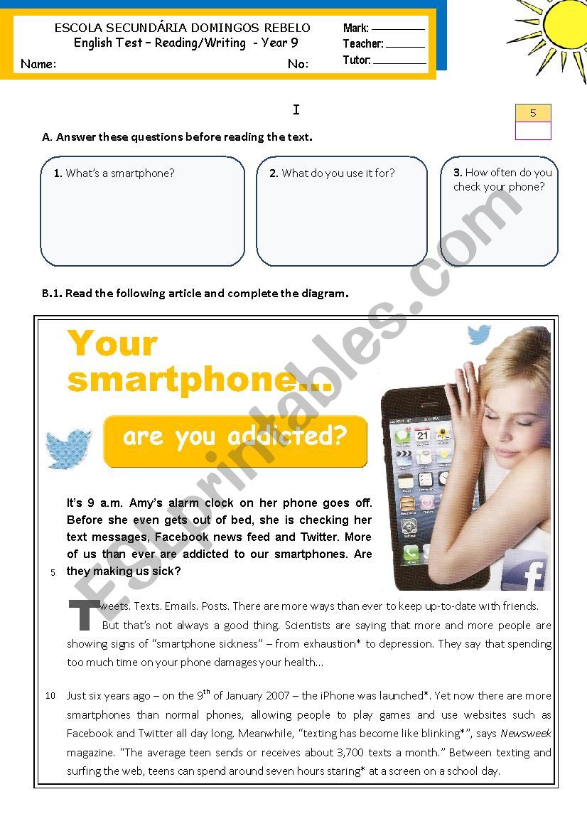 Your smartphone...  are you addicted?  - reading/writing test for year 9 (level B1-)