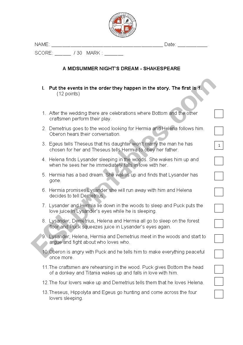 a midsummer nights dream worksheet