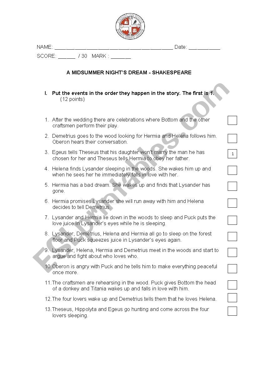 a midsummer nightÂ´s dream worksheet