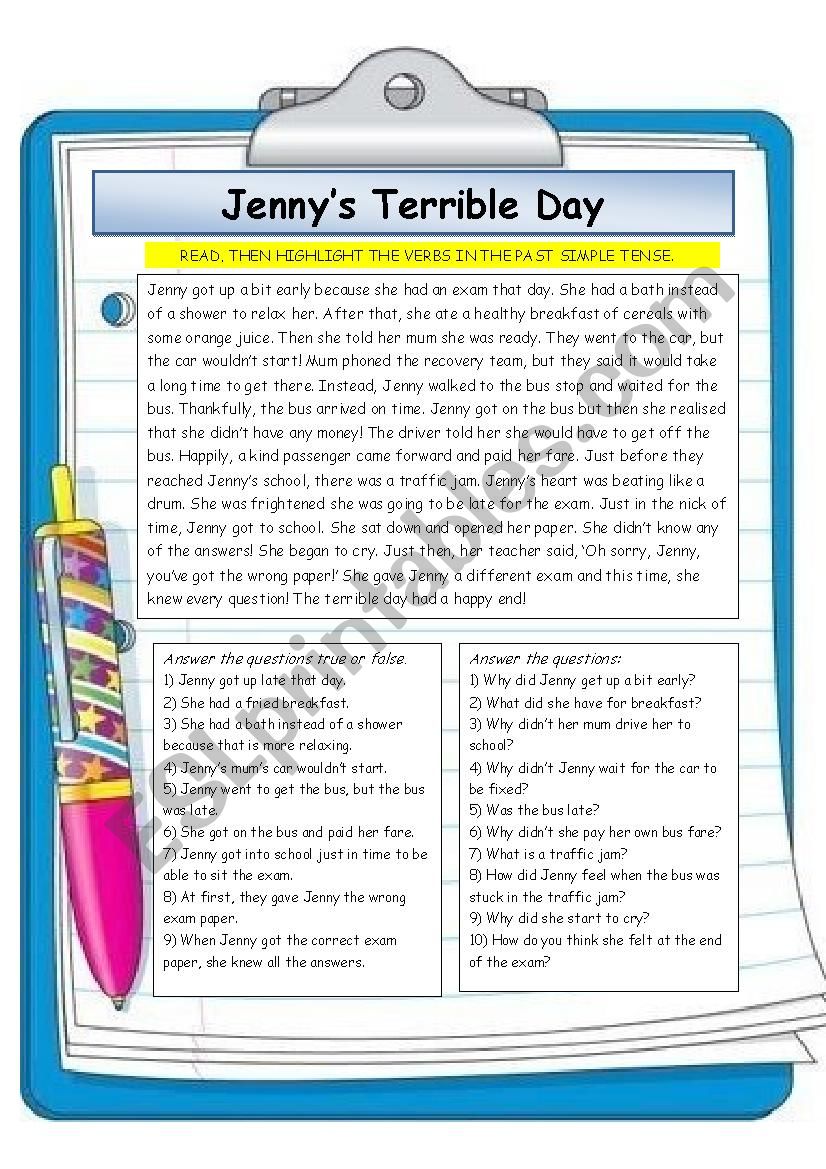 Jennys Terrible Day worksheet