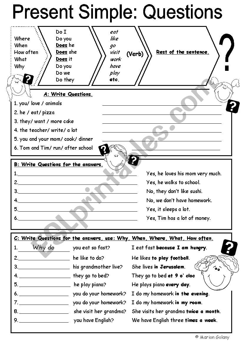 questions in Present Simple, guide and exercises