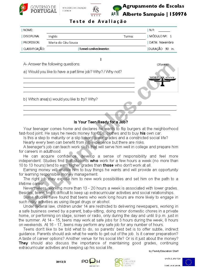 Part time jobs worksheet