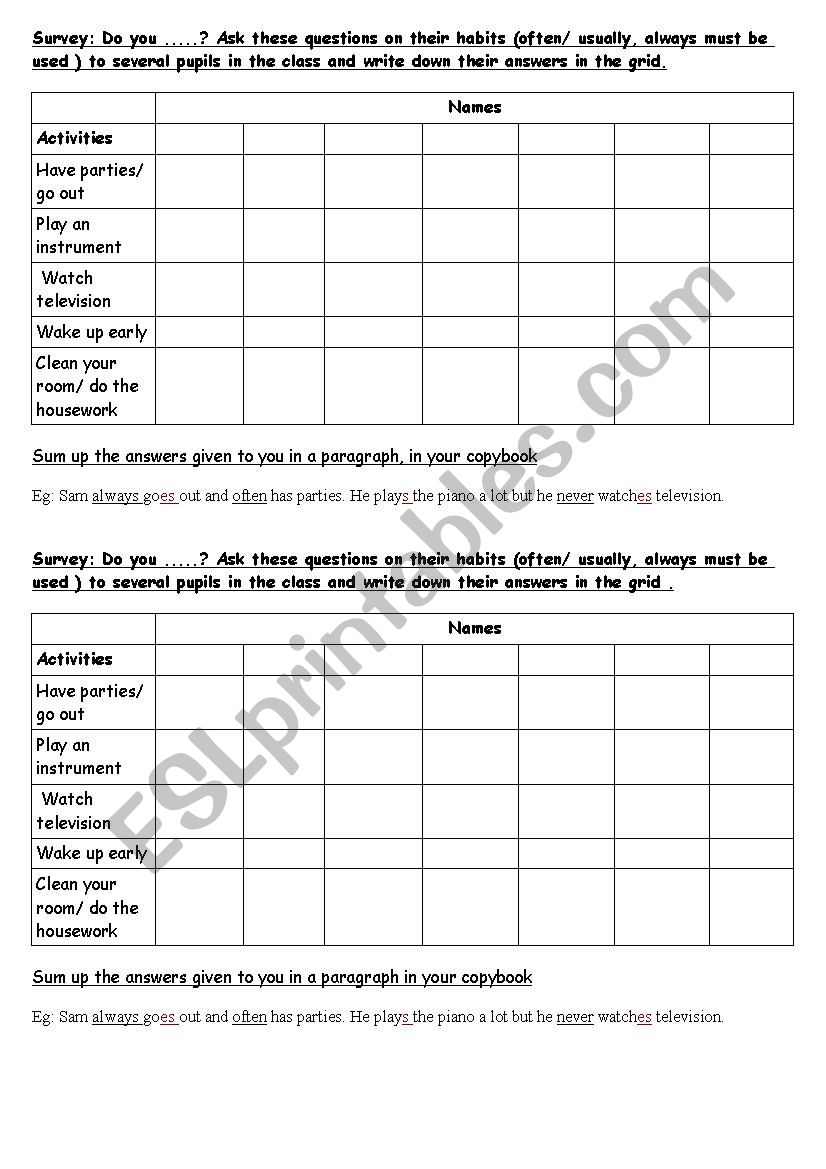 Survey routines worksheet