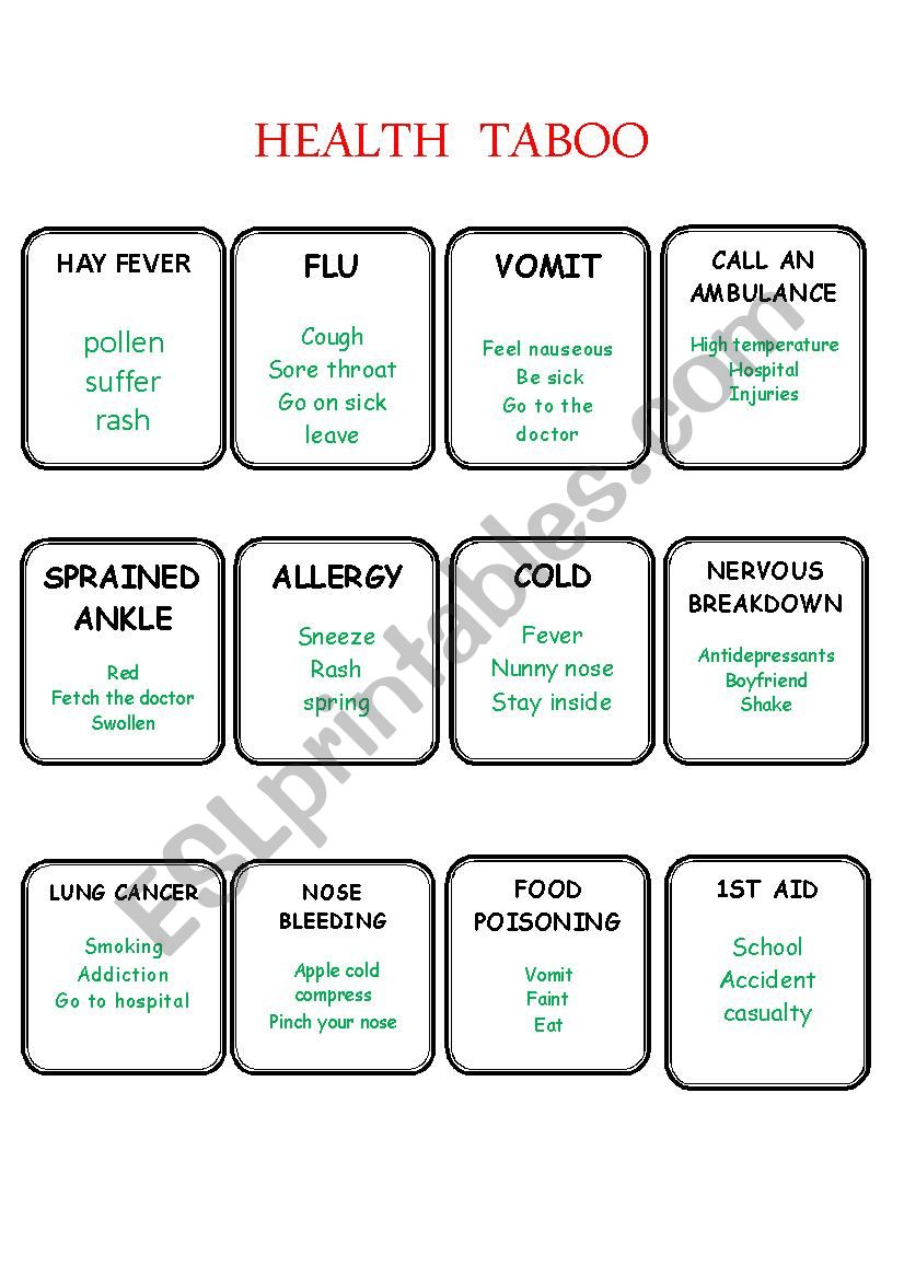 Health taboo part 1 worksheet