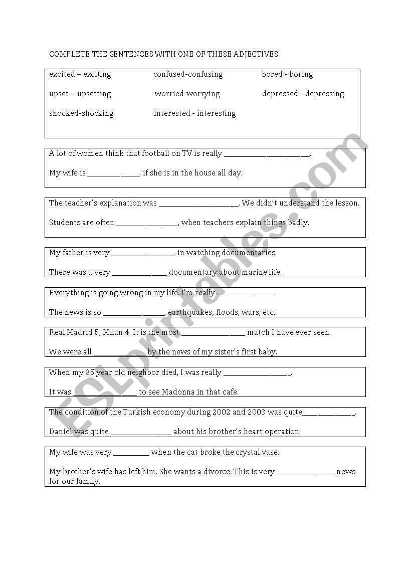 Ed and Ing adjectives  worksheet