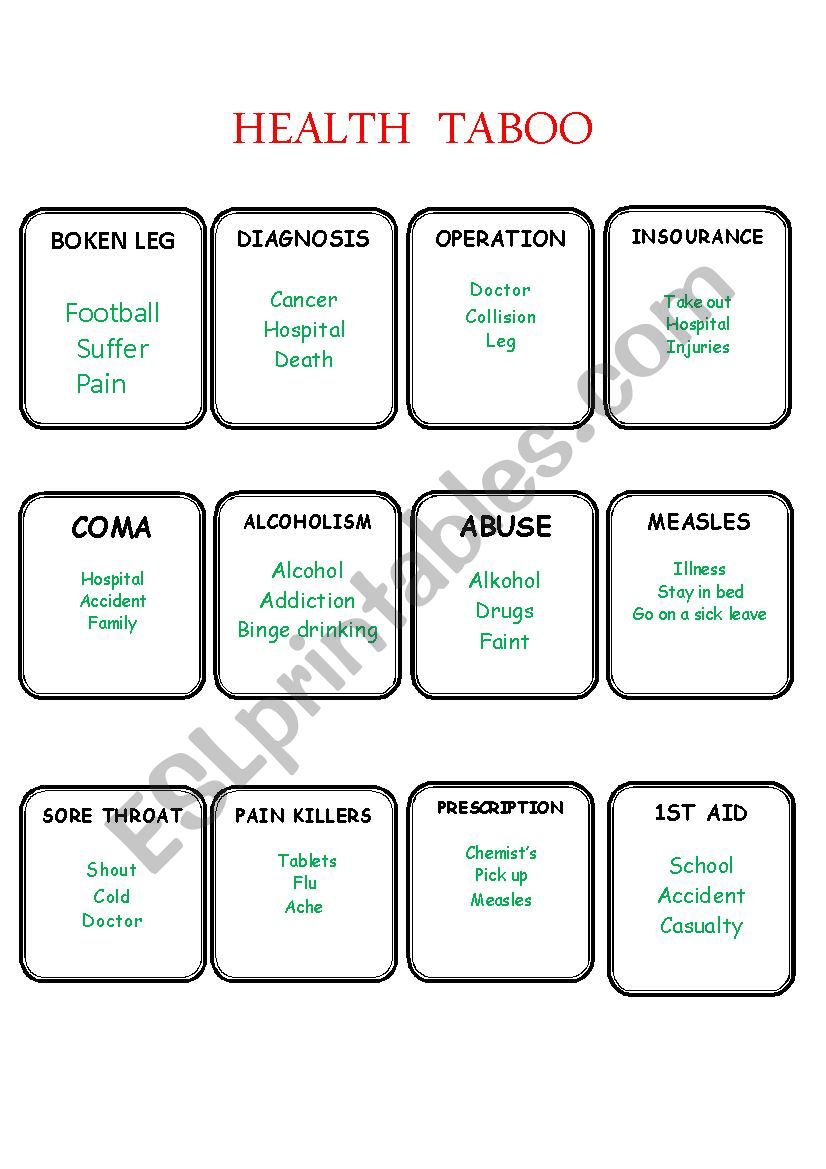  Health taboo part 2 worksheet