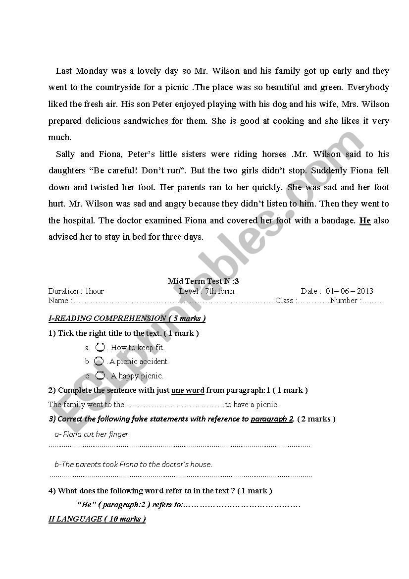 7th form end-term test worksheet