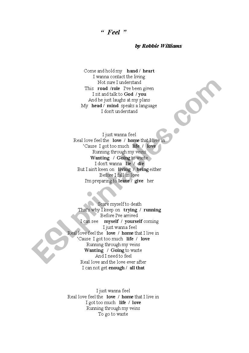 Feel, by Robbie Williams worksheet