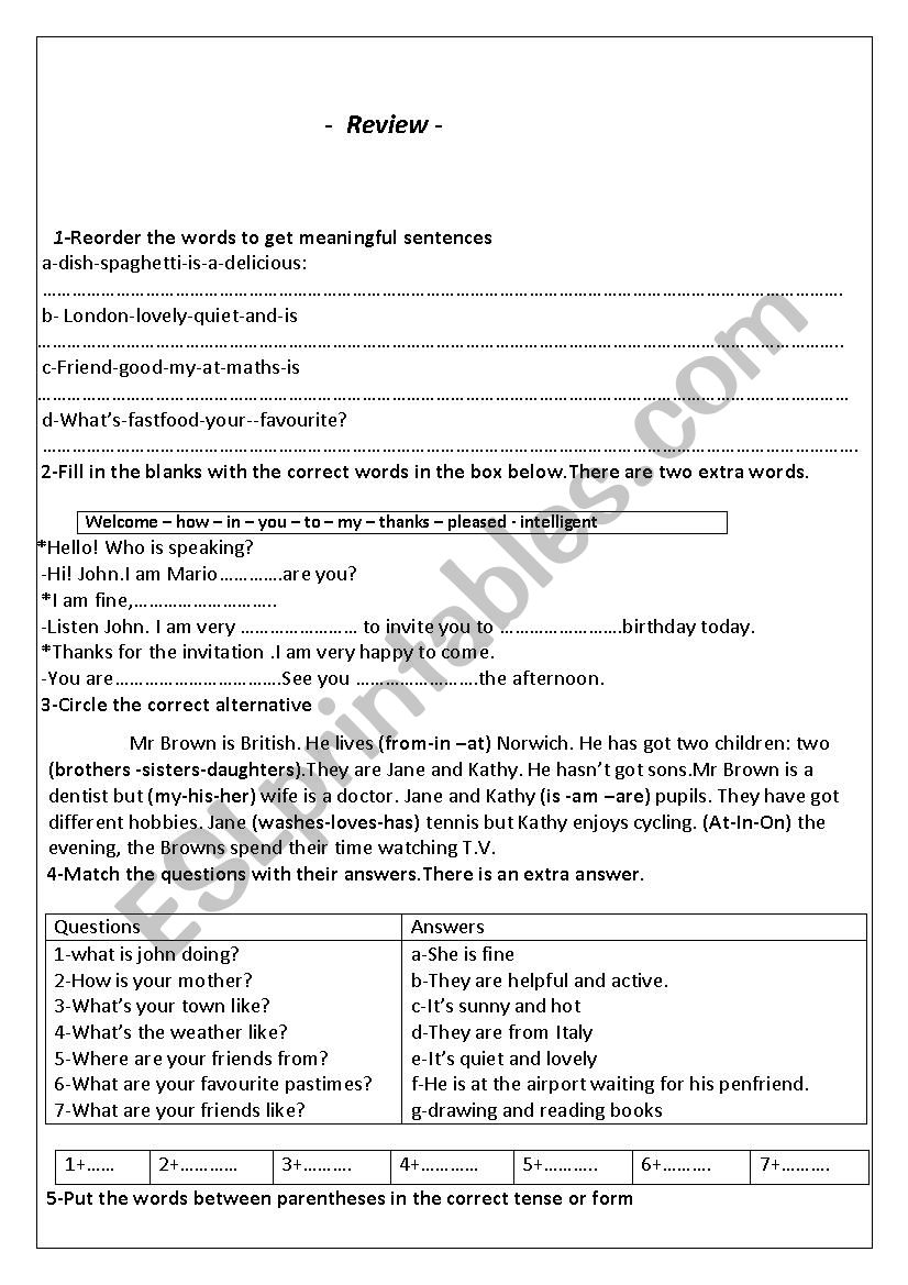 7th form review worksheet