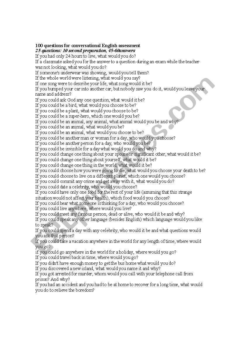 100+ questions for students worksheet