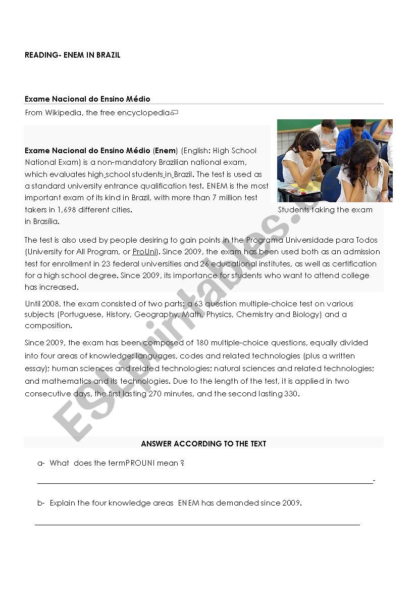 ENEM 2013 IN BRAZIL worksheet