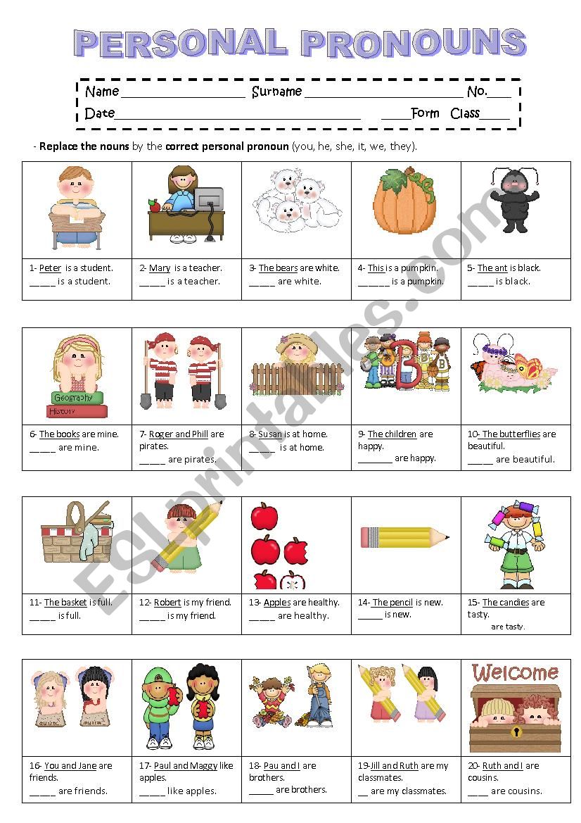 Personal Pronouns Esl Worksheet