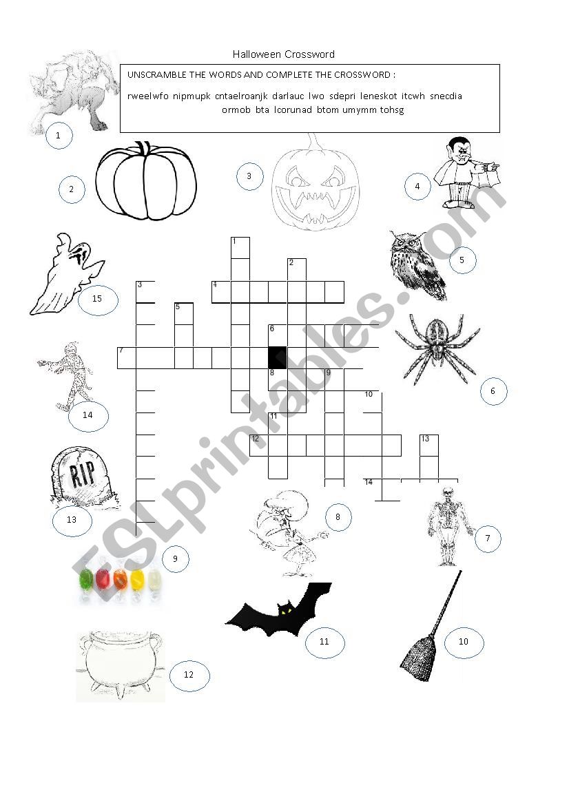 Halloween crossword puzzle worksheet