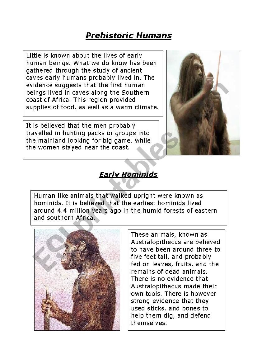 Prehistoric humans worksheet