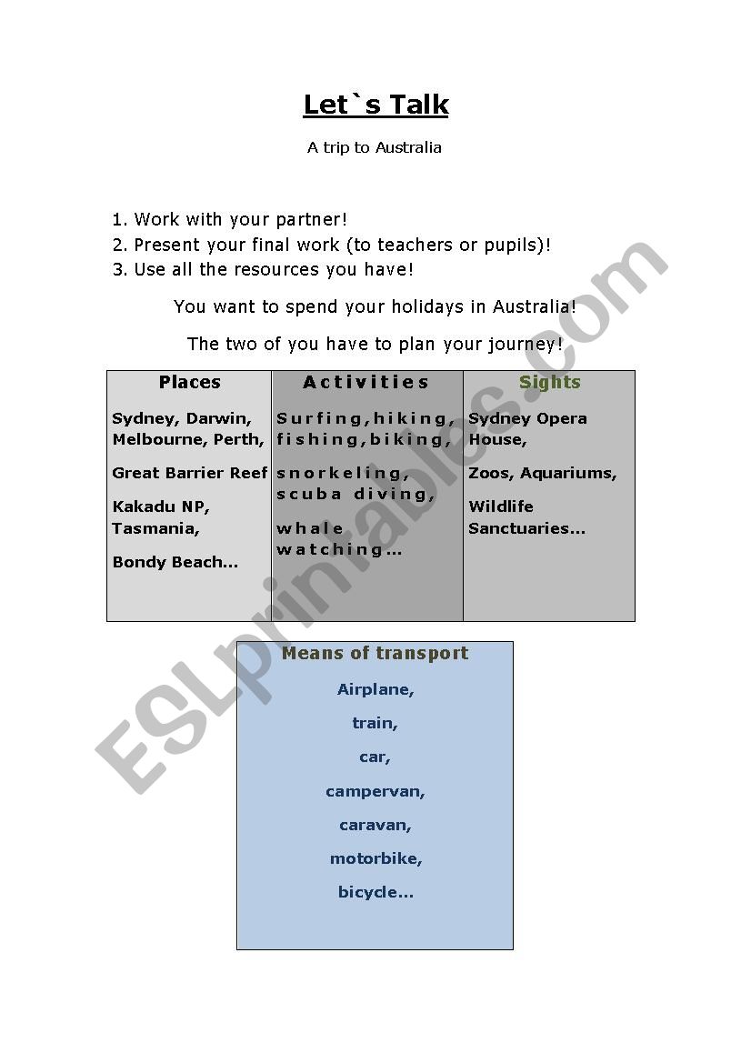 Travel Australia worksheet