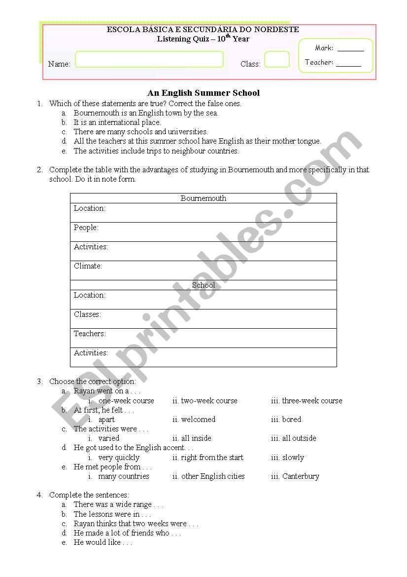 Listening test worksheet