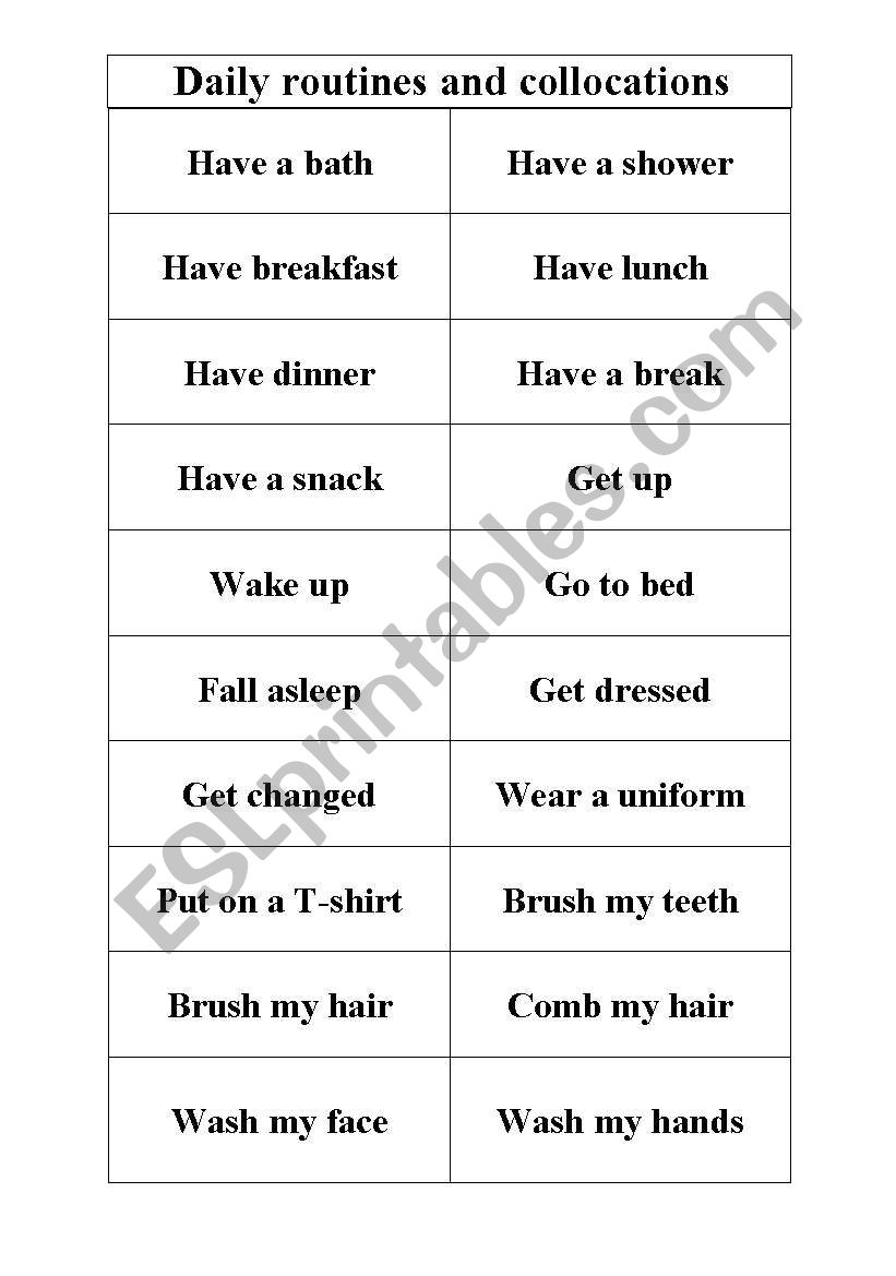 Daily routines vocabulary grid