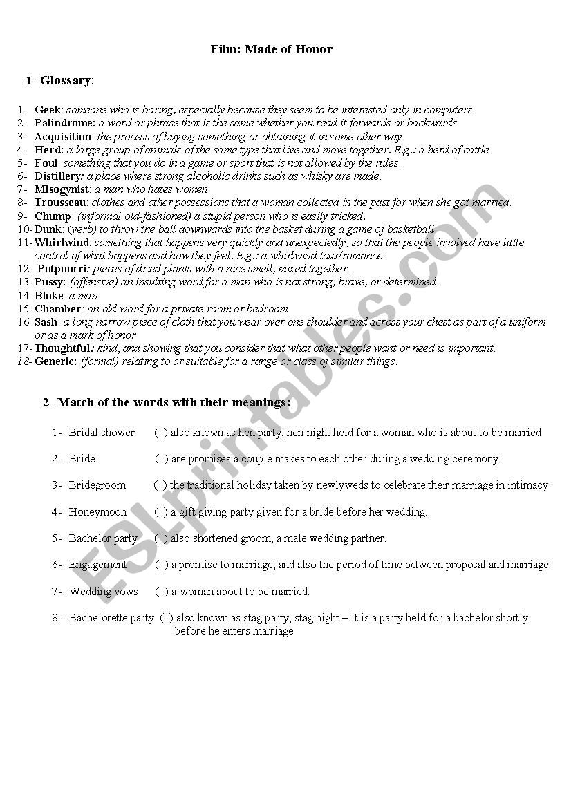 The made of honor worksheet