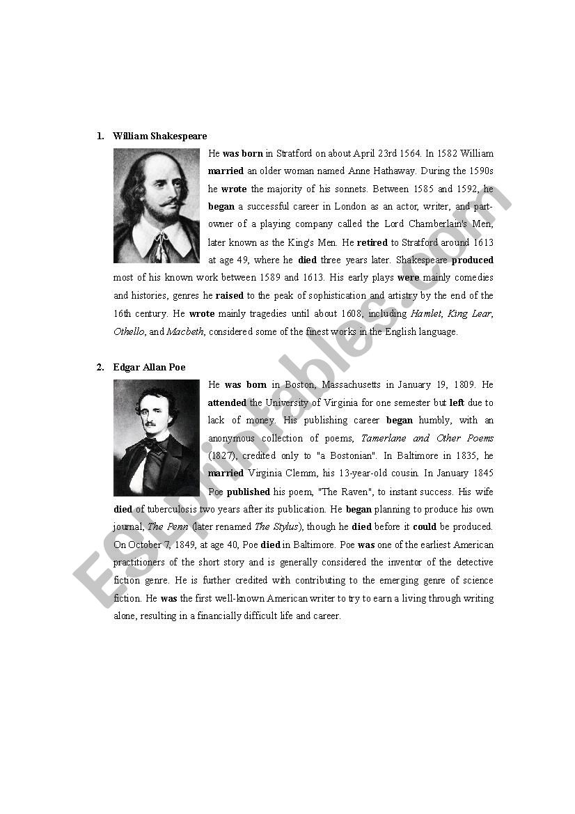 Writers Biographies worksheet