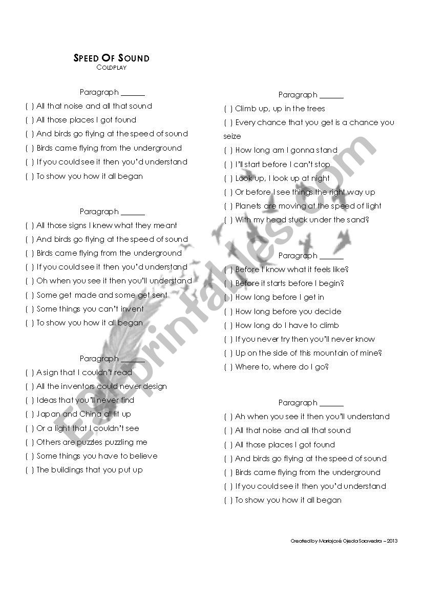 Speed of sound song worksheet