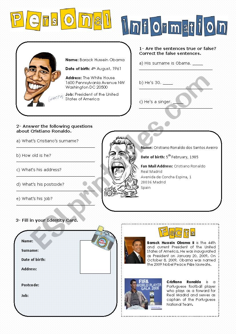 Personal Information worksheet