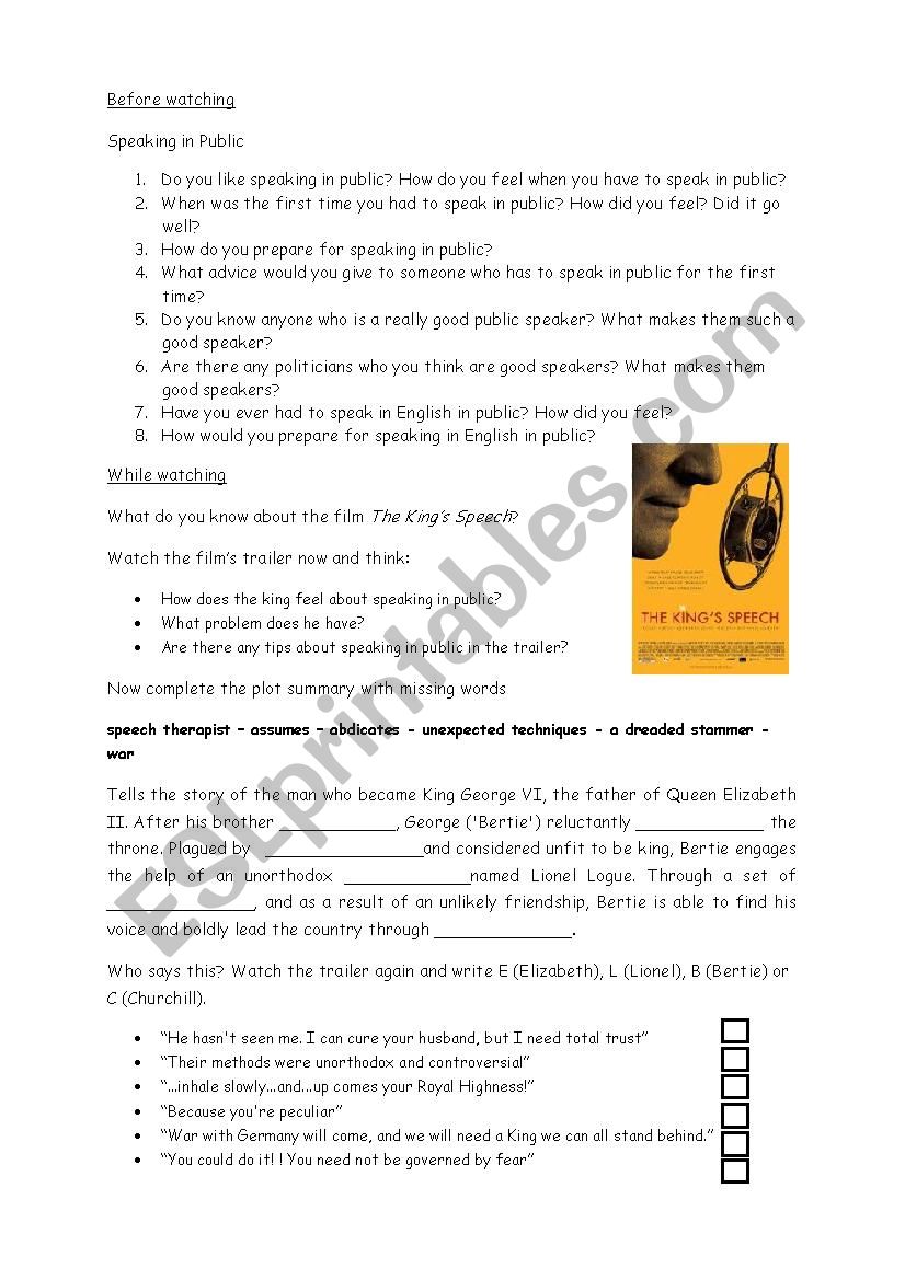 the kings speech worksheet